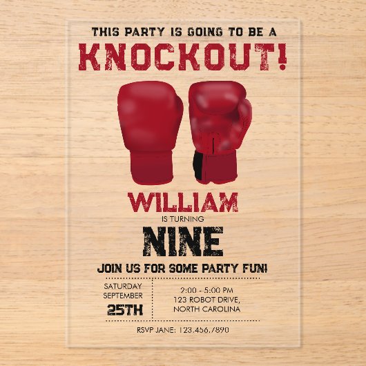 レッドボクシング手袋子供の誕生日パーティーノックアウト アクリル招待状 (正面)