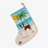 レッドボストンテリアアットザトロピカルサマービーチ スモールクリスマスストッキング (裏面 (吊り時))