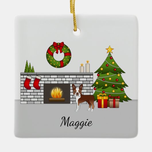 レッドボストンテリアインフェスティバルクリスマスルーム セラミックオーナメント (正面)