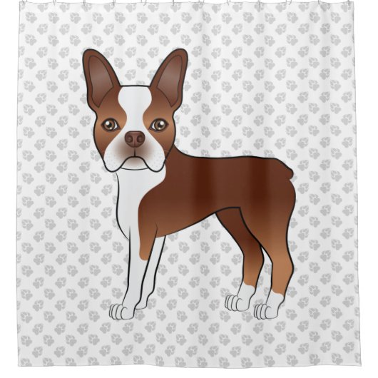 レッドボストンテリアキュート漫画の犬のデザイン&ポーズ シャワーカーテン (正面)