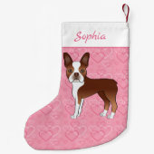 レッドボストンテリア犬オンピンクのハートと名前 スモールクリスマスストッキング (裏面)