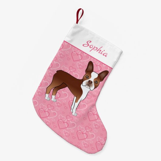 レッドボストンテリア犬オンピンクのハートと名前 スモールクリスマスストッキング (正面 (吊り時))