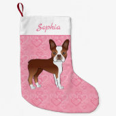 レッドボストンテリア犬オンピンクのハートと名前 スモールクリスマスストッキング (正面)