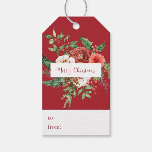 レッドボタニカルクリスマスギフトタグ ギフトタグ (正面)