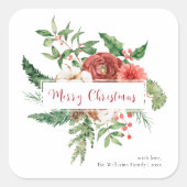 レッドボタニカルクリスマスステッカー スクエアシール (正面)