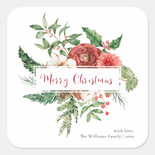 レッドボタニカルクリスマスステッカー スクエアシール (正面)