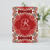 レッドボヘミアろうけつ染めモノグラム結婚ズバーチカル エンクロージャーカード (スタンド正面)