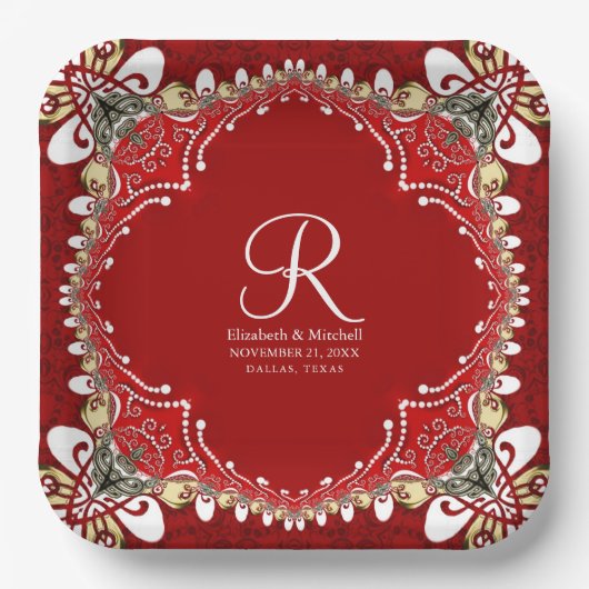 レッドボヘミアろうけつ染めモノグラム結婚ズ ペーパープレート (正面)