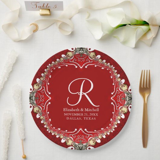 レッドボヘミアンろうけつ染めモノグラムV2結婚s ペーパープレート (ウェディング)