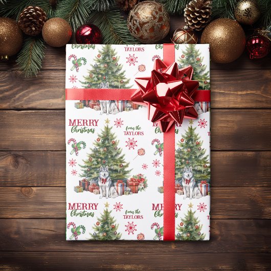 レッドボーシベリアハスキードッグホリデーツリー ラッピングペーパー