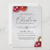 レッドボーブルスシルバーグリッタークリスマスディナーパーティー 招待状 (正面)