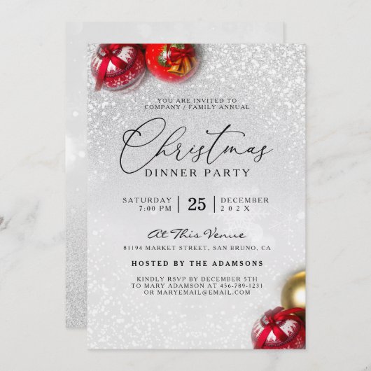 レッドボーブルスシルバーグリッタークリスマスディナーパーティー 招待状 (正面/裏面)
