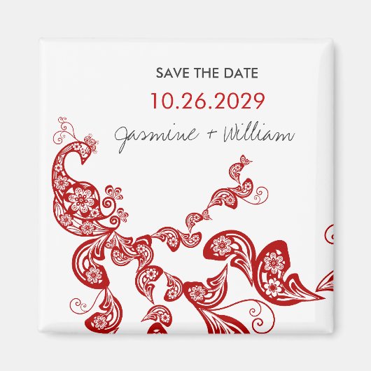 レッドボーホピーコックシックなアジアの結婚式の日付を保存 マグネット (正面)