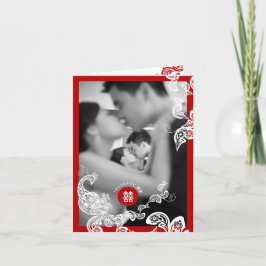 レッドボーホーフローラピーコックダブル中国のシ結婚ーズ サンキューカード