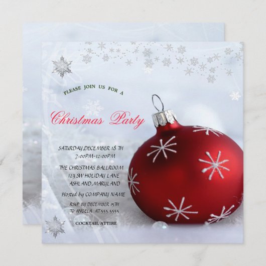 レッドボール雪の結晶クリスマスコーポレーテッドパーティー 招待状 (正面/裏面)