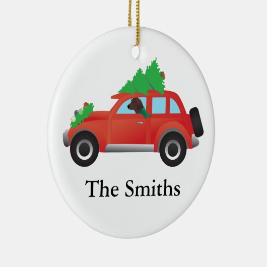 レッドボーン犬がクリスマスカーを運転 セラミックオーナメント (右)