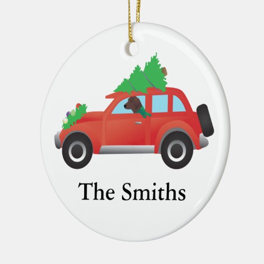 レッドボーン犬がクリスマスカーを運転 セラミックオーナメント (左)