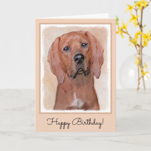 レッドボーン絵画ハウンド – かわいいオリジナルドッグアート カード (黄色い花)