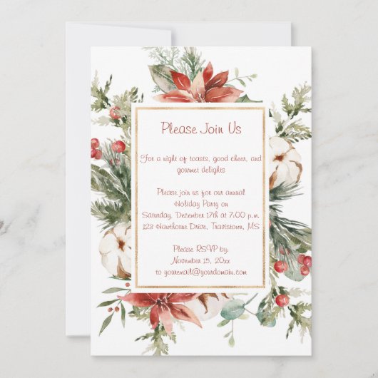 レッドポインセチアとエバーグリーンのクリスマスパーティー 招待状 (正面)