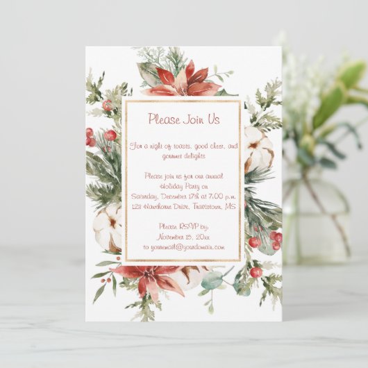 レッドポインセチアとエバーグリーンのクリスマスパーティー 招待状 (スタンド正面)
