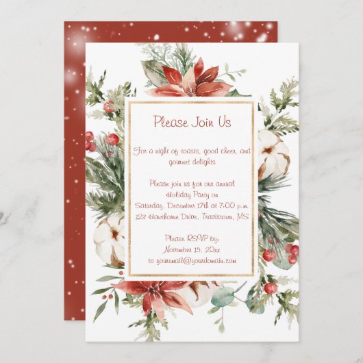 レッドポインセチアとエバーグリーンのクリスマスパーティー 招待状 (正面/裏面)
