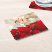 レッドポインセチアとゴールデン《写真》ぼけ味クリスマス スクエアペーパーコースター (アングル)