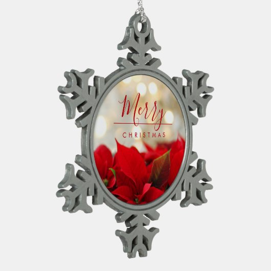 レッドポインセチアとゴールデン《写真》ぼけ味クリスマス スノーフレークピューターオーナメント (左)