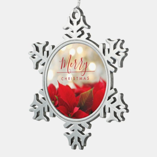 レッドポインセチアとゴールデン《写真》ぼけ味クリスマス スノーフレークピューターオーナメント (右)