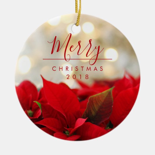 レッドポインセチアとゴールデン《写真》ぼけ味クリスマス セラミックオーナメント (正面)