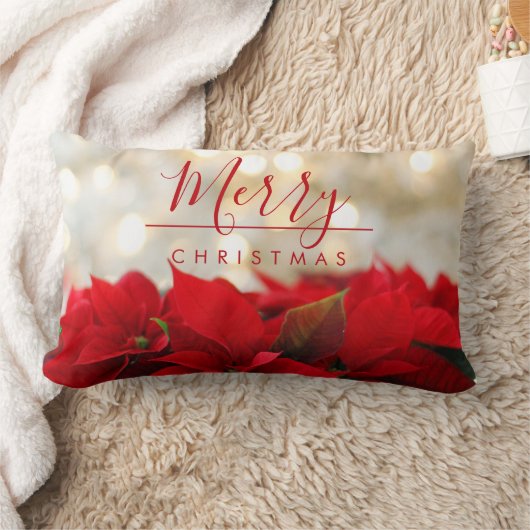 レッドポインセチアとゴールデン《写真》ぼけ味クリスマス ランバークッション (ブランケット)