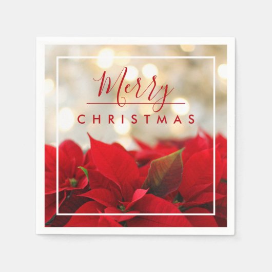レッドポインセチアとゴールデン《写真》ぼけ味メリークリスマス スタンダードカクテルナプキン (正面)