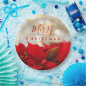 レッドポインセチアとゴールデン《写真》ぼけ味メリークリスマス ペーパープレート (パーティー)