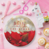 レッドポインセチアとゴールデン《写真》ぼけ味メリークリスマス ペーパープレート (パーティー)