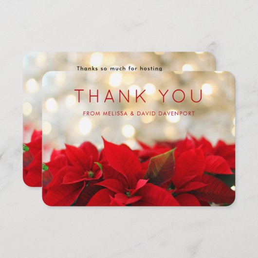 レッドポインセチアとゴールデン《写真》ぼけ味感謝してい サンキューカード (正面/裏面)