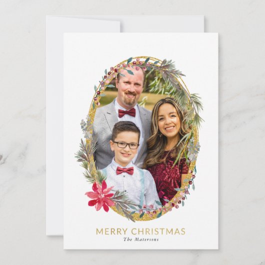 レッドポインセチアとベリー黄金のフレーム写真 シーズンカード (正面)