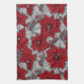 レッドポインセチアとベリー、クリスマスデザイン キッチンタオル (縦)