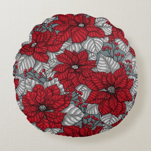 レッドポインセチアとベリー、クリスマスデザイン ラウンドクッション (正面)