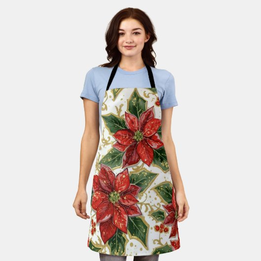 レッドポインセチアとホリークリスマスホリデーウィンター エプロン (着用した状態)