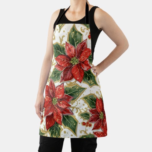 レッドポインセチアとホリークリスマスホリデーウィンター エプロン (インサイチュ)