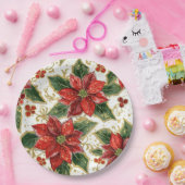 レッドポインセチアとホリークリスマスホリデーウィンター ペーパープレート (パーティー)