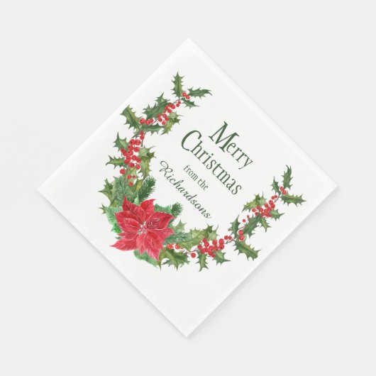 レッドポインセチアとホリーベリークリスマスリース スタンダードランチョンナプキン (角)