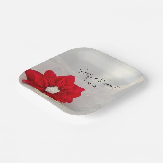 レッドポインセチアと白結婚真珠 ペーパープレート (傾斜あり)