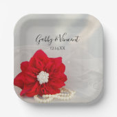レッドポインセチアと白結婚真珠 ペーパープレート (正面)