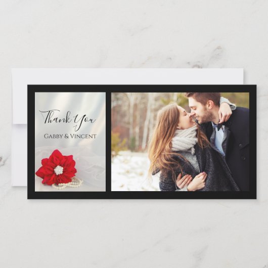 レッドポインセチアと真珠の冬の結婚式ありがとう サンキューカード (正面)