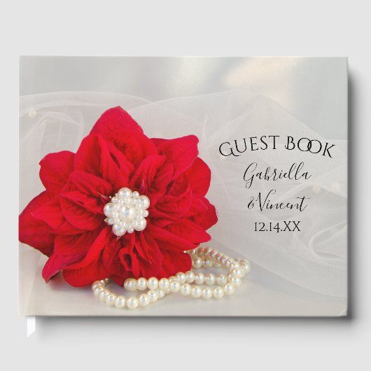 レッドポインセチアと真珠の冬の結婚式 ゲストブック (正面)