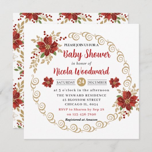 レッドポインセチアと金ゴールドグリッター冬の赤ちゃんシャワー 招待状 (正面/裏面)