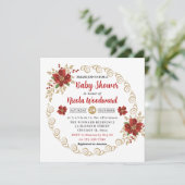 レッドポインセチアと金ゴールドグリッター冬の赤ちゃんシャワー 招待状 (スタンド正面)