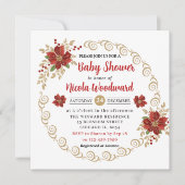 レッドポインセチアと金ゴールドグリッター冬の赤ちゃんシャワー 招待状 (正面)