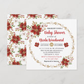 レッドポインセチアと金ゴールドグリッター冬の赤ちゃんシャワー 招待状 (正面/裏面)