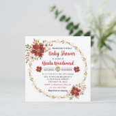 レッドポインセチアと金ゴールドグリッター冬の赤ちゃんシャワー 招待状 (スタンド正面)